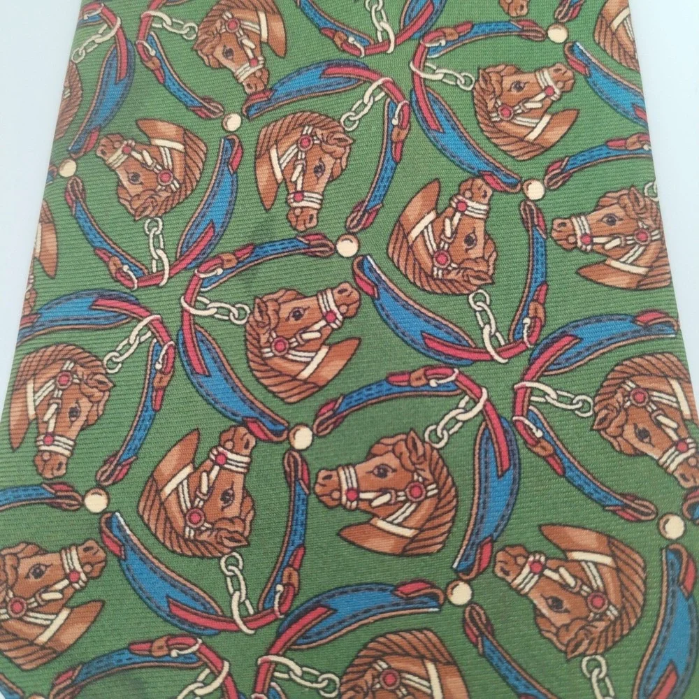 Aquascutum Tie Silk Handmade In England Necktie Horses Equestrian Green‎ Brown